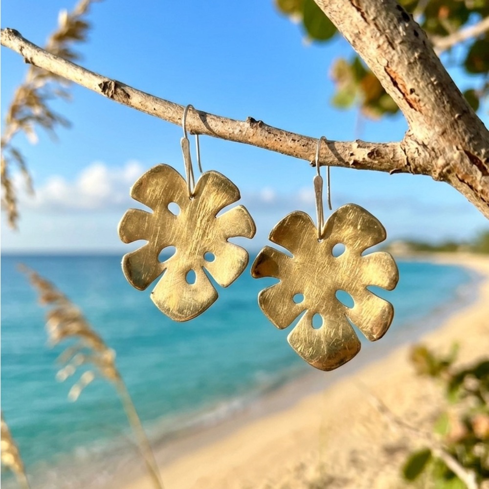 Gold Tropical Leaf Earrings – Monstera Statement Jewelry